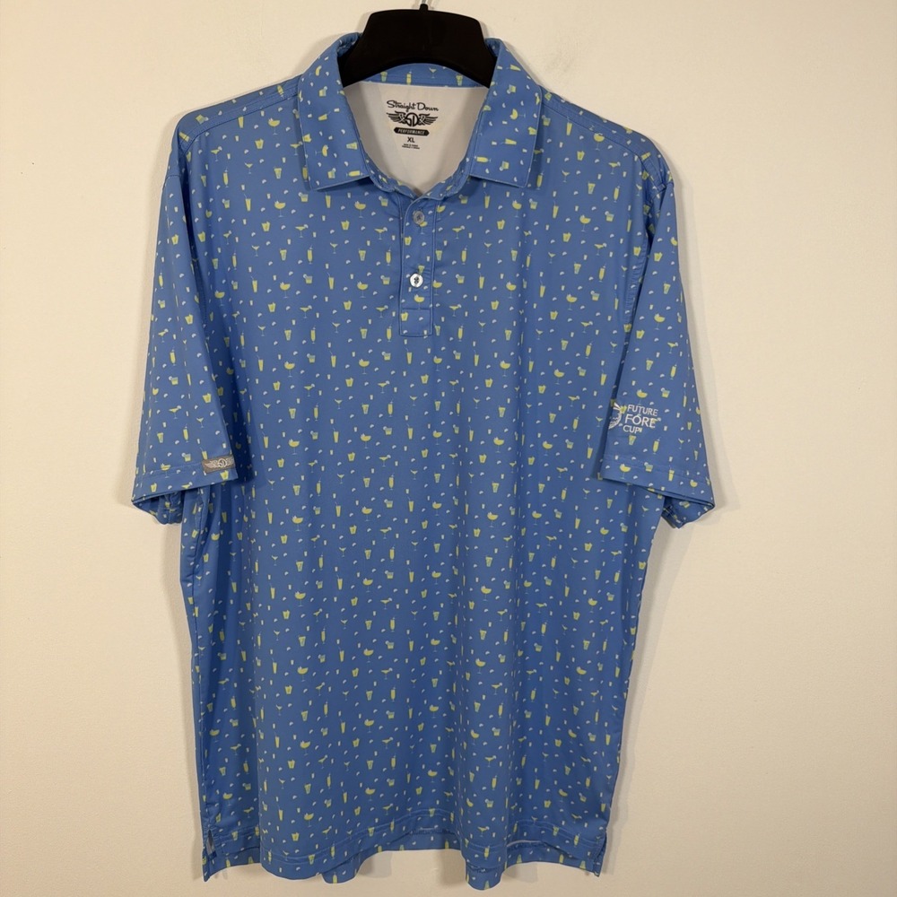 Straight Down Golf Performance Polo Light Blue XL Cocktails Drinks Lemons Fun